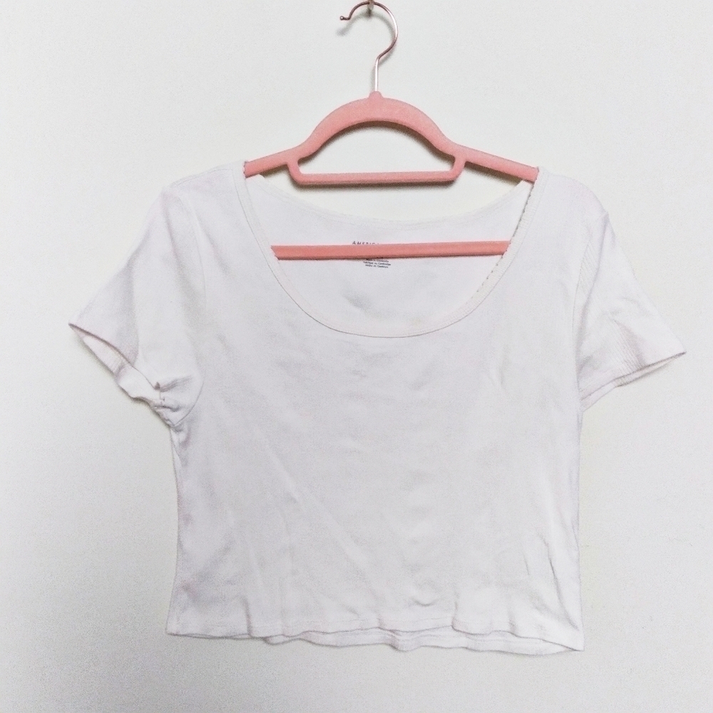 American Eagle White Cropped Cotton Short Sleeve Scoop Neck Ribbed Tee Large - Picture 2 of 9